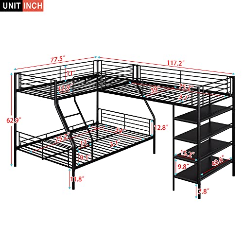 Eafurn L-Shaped Metal Bunk Bed for 3, Twin Over Full Bunk Bed and Twin Size Loft Bed with Four Built-in Storage Shelves for Kids Teens Adults