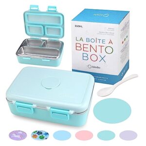 kinsho stainless steel lunch box for baby or toddlers boys girls, insulated mini bento, 3 eco metal portion sections leakproof lid, pre-school daycare lunches, kids spill-proof snack container, green