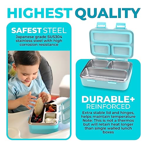 kinsho Stainless Steel Lunch Box for Baby or Toddlers Boys Girls, Insulated Mini Bento, 3 Eco Metal Portion Sections Leakproof Lid, Pre-School Daycare Lunches, Kids Spill-Proof Snack Container, Green