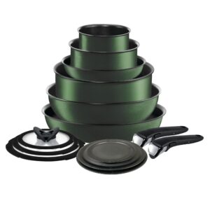 t-fal ingenio nonstick cookware set 14 piece induction stackable, detachable handle, removable handle, rv cookware, cookware, pots and pans, oven, broil, dishwasher safe, forest green