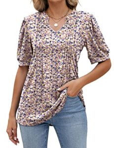 womens v neck shirts short sleeve summer tops puff pleated casual tunic blouses floral pink xxl