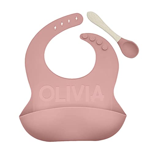 Personalized Silicone Bib and Spoon Set with Debossed Custom Name, Babies/Toddlers Durable Adjustable with Pocket for Baby Boy & Girl | Pink