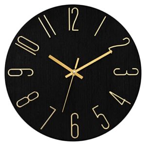 foxtop wall clock 12 inch silent non ticking battery operated round wall clock modern simple style clocks decorative for office bedroom kitchen school (black gold)