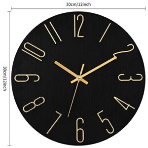 Foxtop Wall Clock 12 Inch Silent Non Ticking Battery Operated Round Wall Clock Modern Simple Style Clocks Decorative for Office Bedroom Kitchen School (Black Gold)