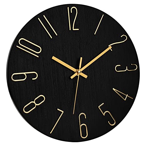 Foxtop Wall Clock 12 Inch Silent Non Ticking Battery Operated Round Wall Clock Modern Simple Style Clocks Decorative for Office Bedroom Kitchen School (Black Gold)