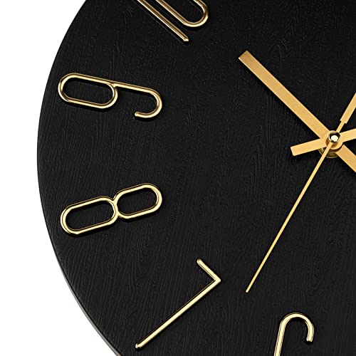 Foxtop Wall Clock 12 Inch Silent Non Ticking Battery Operated Round Wall Clock Modern Simple Style Clocks Decorative for Office Bedroom Kitchen School (Black Gold)