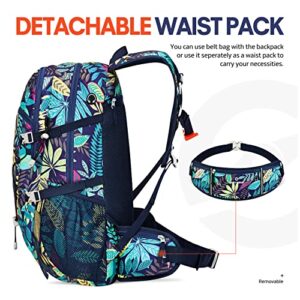 SAVVY NOMAD 40L Hiking Travel Packable Lightweight Camping Backpack Daypack with Removable Belt Bag for Women Men-Purple Leaf