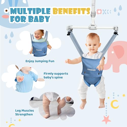 Cowiewie 2 in 1 Baby Door Jumper w/Baby Walking Harness Function, Baby Jumper with Door Clamp Adjustable Strap and Seat, Blue