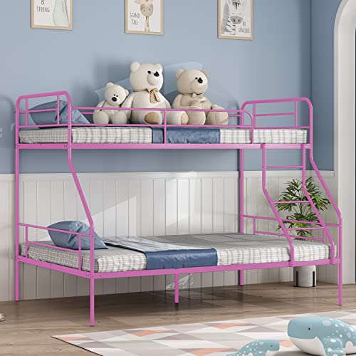 cuoote Twin Over Full Bunk Bed, Metal Twin Over Full Bunk Bed with Ladder and Guardrail, Space-Saving Design for Boys, Girls, No Box Spring Needed, Pink