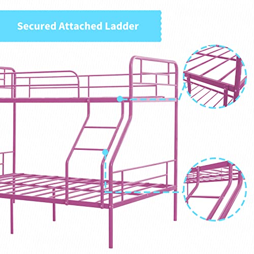 cuoote Twin Over Full Bunk Bed, Metal Twin Over Full Bunk Bed with Ladder and Guardrail, Space-Saving Design for Boys, Girls, No Box Spring Needed, Pink