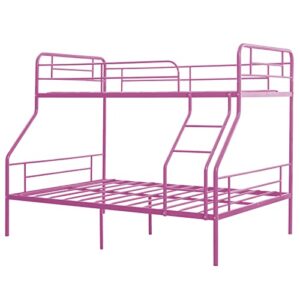 cuoote Twin Over Full Bunk Bed, Metal Twin Over Full Bunk Bed with Ladder and Guardrail, Space-Saving Design for Boys, Girls, No Box Spring Needed, Pink