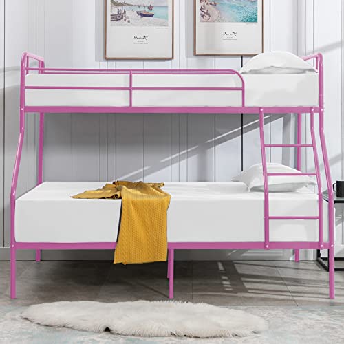 cuoote Twin Over Full Bunk Bed, Metal Twin Over Full Bunk Bed with Ladder and Guardrail, Space-Saving Design for Boys, Girls, No Box Spring Needed, Pink