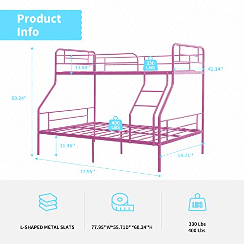 cuoote Twin Over Full Bunk Bed, Metal Twin Over Full Bunk Bed with Ladder and Guardrail, Space-Saving Design for Boys, Girls, No Box Spring Needed, Pink