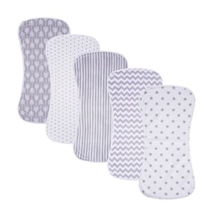 sleepyturtle ultra-soft cotton burping clothes - large, absorbent, waterproof baby burp cloths in cute unisex designs 5 pack (grey)
