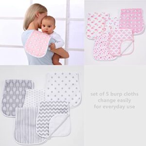 sleepyturtle Ultra-Soft Cotton Burping Clothes - Large, Absorbent, Waterproof Baby Burp Cloths in Cute Unisex Designs 5 Pack (Grey)