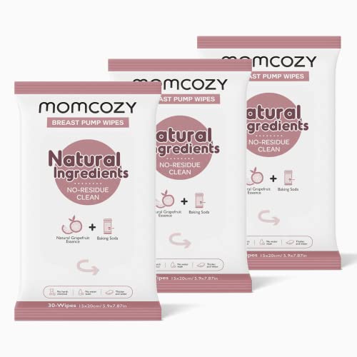 Momcozy Natural Breast Pump Wipes 30 Count (Pack of 3) for Pump Parts Cleaning, Fast & Convenient Pump Wipes for Travel, No Milk Residue & No Water Wash