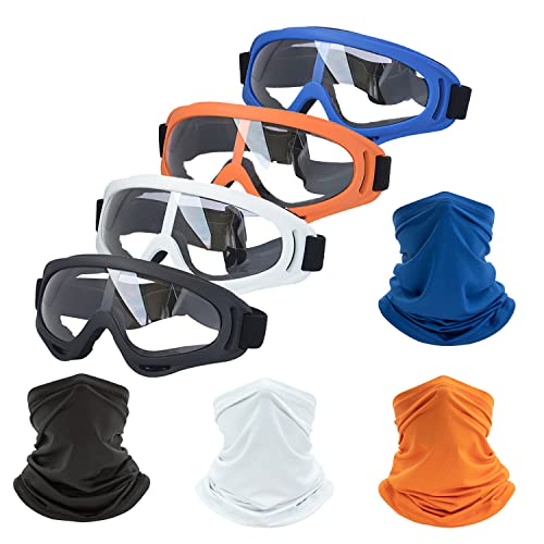 LJDJ Motorcycle Goggles,4 Pack Dirt Bike ATV Motocross Anti-UV Adjustable Riding Offroad Protective with 4 Pack Neck Breathable Bandana Mask for Men Women Kids Youth Adult