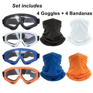 LJDJ Motorcycle Goggles,4 Pack Dirt Bike ATV Motocross Anti-UV Adjustable Riding Offroad Protective with 4 Pack Neck Breathable Bandana Mask for Men Women Kids Youth Adult