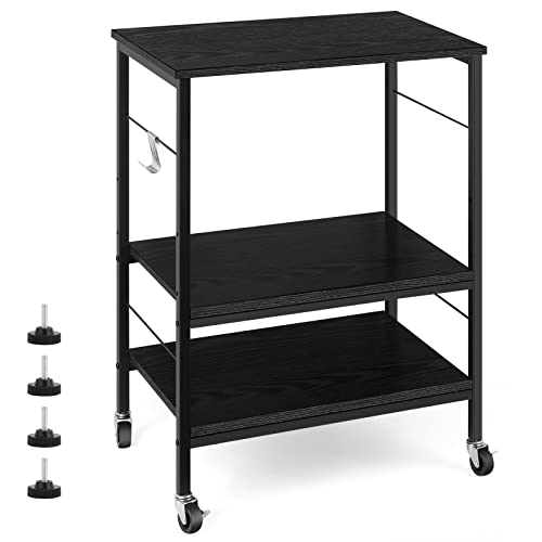 Microwave Stand 3 Tier Kitchen Cart with Storage on Wheels Small Bakers Rack Black Coffee Bar Cart with 10 Hooks Modern Nightstand End Table for Living Room Bedroom Kitchen Organization