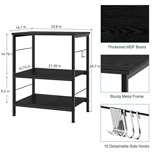 Microwave Stand 3 Tier Kitchen Cart with Storage on Wheels Small Bakers Rack Black Coffee Bar Cart with 10 Hooks Modern Nightstand End Table for Living Room Bedroom Kitchen Organization