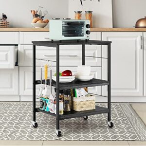 Microwave Stand 3 Tier Kitchen Cart with Storage on Wheels Small Bakers Rack Black Coffee Bar Cart with 10 Hooks Modern Nightstand End Table for Living Room Bedroom Kitchen Organization