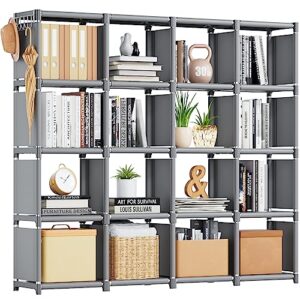 mavivegue book shelf, 16 cube storage organizer, diy bookcase, metal cube bookshelf,tall book case for bedroom, living room,office,closet storage organizer, grey cubicle storage rack