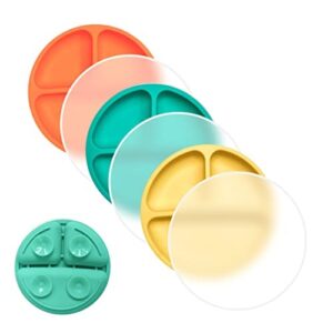 pluslove silicone suction plate– 100% silicone baby plate, toddler plate, kid plates, divided plate with suction feature |baby led weaning plate| 3 pack (orange, yellow, teal, with lids)