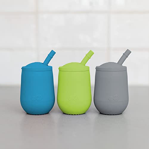 ez pz Mini Cup + Straw Training System 3-Pack (Blue, Lime & Gray) - 100% Silicone Training Cup for Infants + Toddlers - Designed by a Pediatric Feeding Specialist - 9 Months+