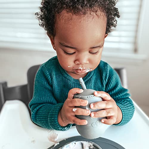 ez pz Mini Cup + Straw Training System 3-Pack (Blue, Lime & Gray) - 100% Silicone Training Cup for Infants + Toddlers - Designed by a Pediatric Feeding Specialist - 9 Months+