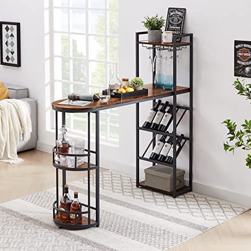 KIVENJAJA Bar Table with Wine Racks, Storage Shelves & Glass Holders, Industrial Small High Top Kitchen Table for 2, 36.4” Counter Height Dining Table Home Bar Unit, Rustic Brown and Black