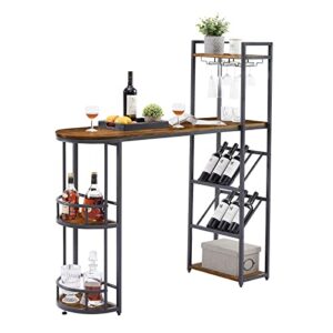 KIVENJAJA Bar Table with Wine Racks, Storage Shelves & Glass Holders, Industrial Small High Top Kitchen Table for 2, 36.4” Counter Height Dining Table Home Bar Unit, Rustic Brown and Black