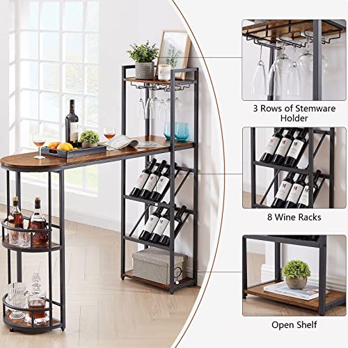 KIVENJAJA Bar Table with Wine Racks, Storage Shelves & Glass Holders, Industrial Small High Top Kitchen Table for 2, 36.4” Counter Height Dining Table Home Bar Unit, Rustic Brown and Black