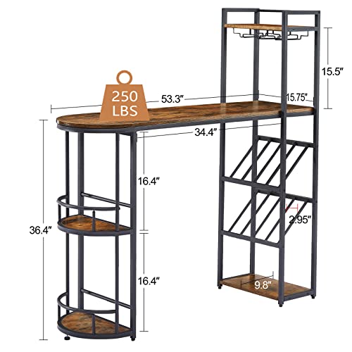 KIVENJAJA Bar Table with Wine Racks, Storage Shelves & Glass Holders, Industrial Small High Top Kitchen Table for 2, 36.4” Counter Height Dining Table Home Bar Unit, Rustic Brown and Black