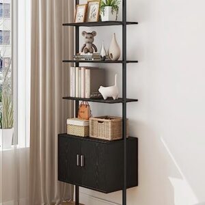 Yusong 73" Tall Bookshelf with Cabinet, Industrial Ladder Wall Mount Shelf Bookcase with Wood and Metal Frame, Plant Shelf Wall Storage Display for Living Room Bedroom, Black Wood Grain