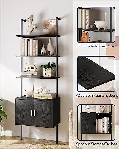 Yusong 73" Tall Bookshelf with Cabinet, Industrial Ladder Wall Mount Shelf Bookcase with Wood and Metal Frame, Plant Shelf Wall Storage Display for Living Room Bedroom, Black Wood Grain