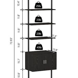 Yusong 73" Tall Bookshelf with Cabinet, Industrial Ladder Wall Mount Shelf Bookcase with Wood and Metal Frame, Plant Shelf Wall Storage Display for Living Room Bedroom, Black Wood Grain