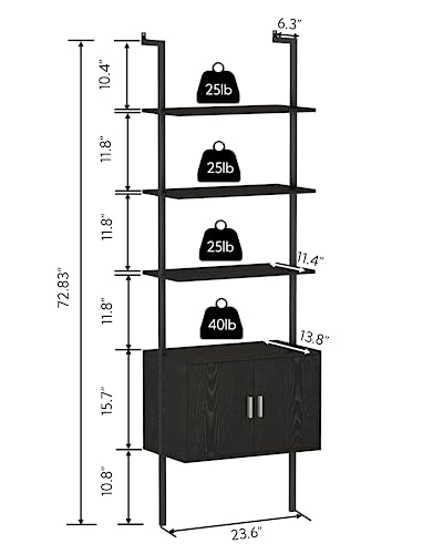 Yusong 73" Tall Bookshelf with Cabinet, Industrial Ladder Wall Mount Shelf Bookcase with Wood and Metal Frame, Plant Shelf Wall Storage Display for Living Room Bedroom, Black Wood Grain