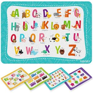 nibaby kids' non slip educational placemats set of 4 washable, children's interactive placemats foldable, toddler placemats for learning alphabet, numbers, shapes, colors- durable reusable pu leather