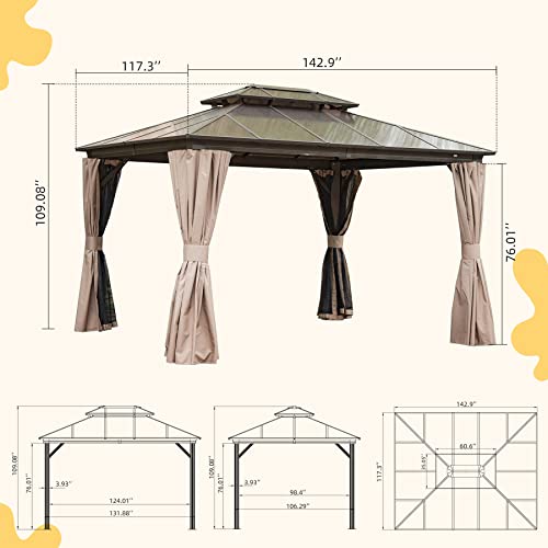 Domi 10' X 12' Hardtop Gazebo, Permanent Outdoor Gazebo with Polycarbonate Double Roof, Aluminum Gazebo Pavilion with Curtain and Net for Garden, Patio, Lawns, Deck, Backyard