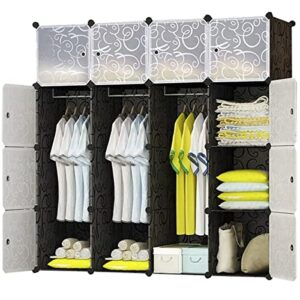 brian & dany portable wardrobe closet - cube storage organizer with 3 hanging rails, modular wardrobe for space saving, bedroom armoires for toys, shoes, clothes - 16 cubes