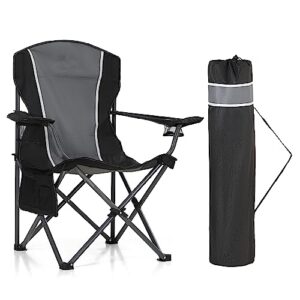 high point sports oversized camping folding chair, heavy duty outdoor chair with armrest, portable lawn chair with cup holder for adults support 350 lbs, gray-black