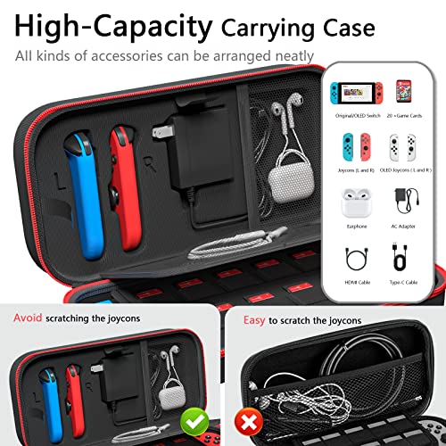 Fenolical Carrying Case Compatible with Nintendo Switch/OLED - Fit for Joycon and AC Adapter, Portable Hard Shell Pouch Carrying Travel Bag for Accessories Holds 20 Game Cartridge, Red