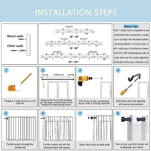 VOIIY Curtain Rods for Windows 48 to 84 Inch(4-7 Feet),Black 1'' Diameter Drapery Rods with End Cap Style Design,Modern Adjustable Heavy Duty Curtain Rod,Size:36''-88''