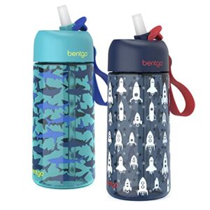 bentgo® kids water bottle 2-pack - new, improved 2023 leak-proof bpa-free 15 oz cups for toddlers & children - flip-up safe-sip straw for school, sports, daycare, camp (rocket/shark)