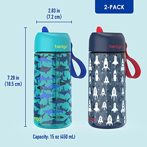 Bentgo® Kids Water Bottle 2-Pack - New, Improved 2023 Leak-Proof BPA-Free 15 oz Cups for Toddlers & Children - Flip-Up Safe-Sip Straw for School, Sports, Daycare, Camp (Rocket/Shark)