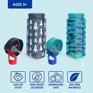 Bentgo® Kids Water Bottle 2-Pack - New, Improved 2023 Leak-Proof BPA-Free 15 oz Cups for Toddlers & Children - Flip-Up Safe-Sip Straw for School, Sports, Daycare, Camp (Rocket/Shark)