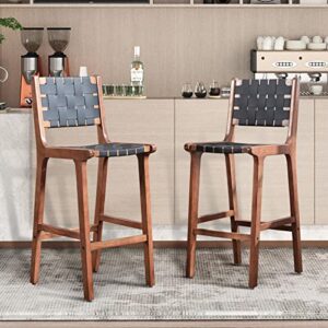 bonzy home 28" woven bar stools set of 2, faux leather kitchen stool chairs with back and wooden legs, comfy bar chairs bar height stools for kitchen island, black