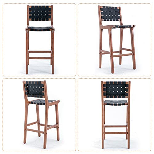 Bonzy Home 28" Woven Bar Stools Set of 2, Faux Leather Kitchen Stool Chairs with Back and Wooden Legs, Comfy Bar Chairs Bar Height Stools for Kitchen Island, Black