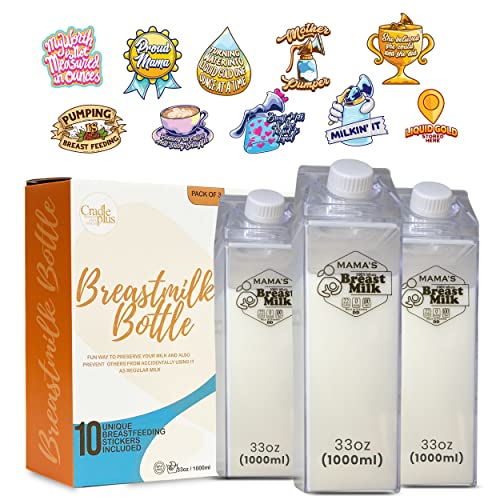 Breast Milk Pitcher for fridge - 3PACK 33oz Breast milk storing containers w/ 10pcs breastfeeding stickers for adults | Acrylic Milk carton water bottles | breastmilk storage bottle formula pitcher