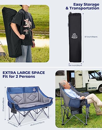 DEERFAMY Foldable Camping Loveseat with Cooler Bag and Cup& Wine Glass Holder,Portable Double Camping Chair for Adults with Padded Seats & Armrests, Heavy Duty Outdoor Loveseat Supports up to 530lbs